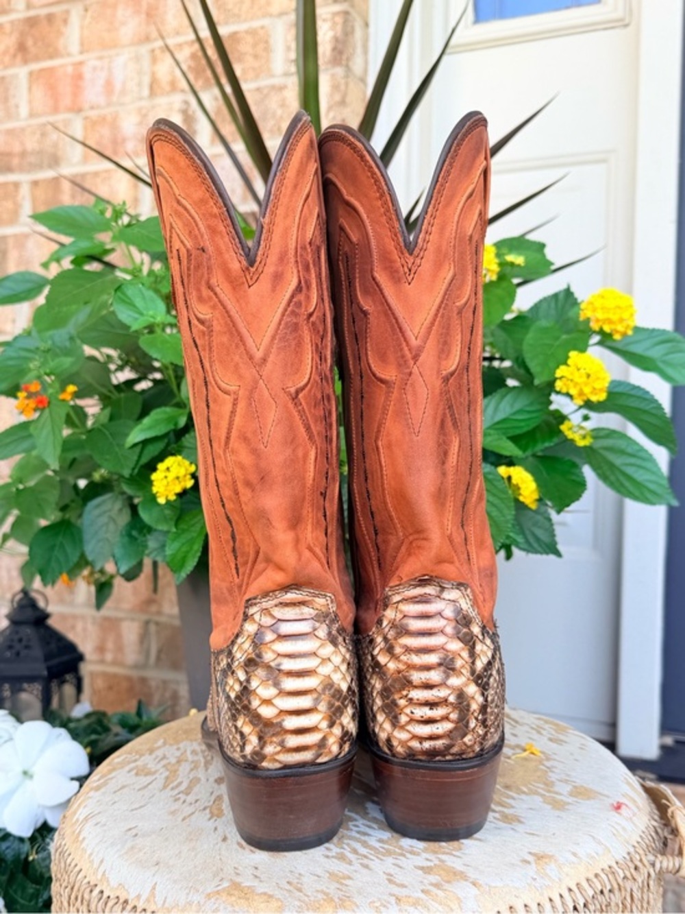 RARE Lucchese Python Snakeskin Brown Leather Pull On Snip Toe Cowboy Boots 8 - Picture 6 of 15